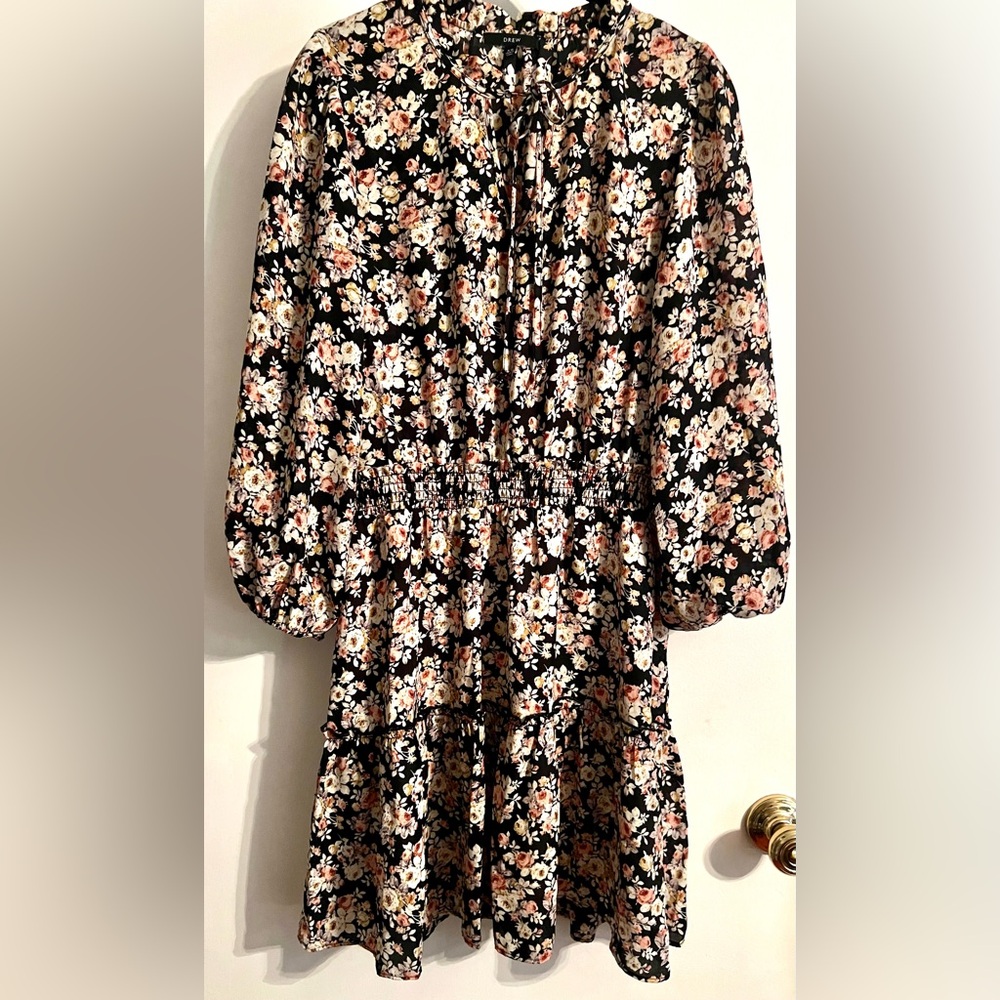 DREW Black Floral Printed‎ Midi Bohemian Dress with Tie Front Detail-Size XS